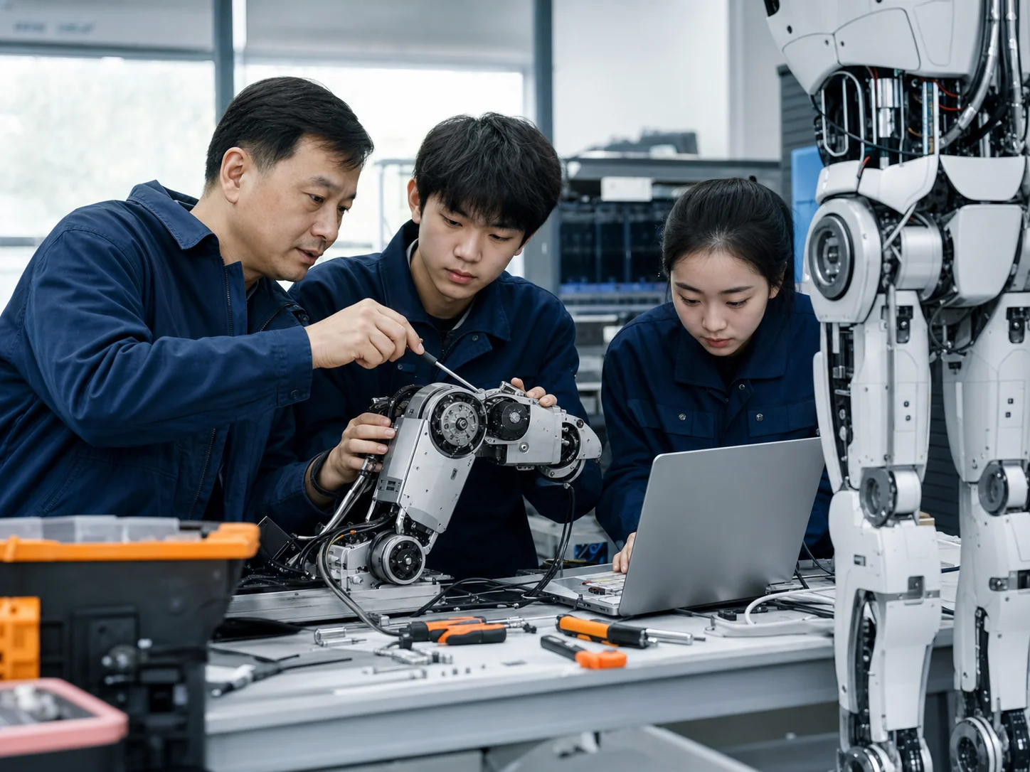教师指导学生进行机器人装调与标定实训